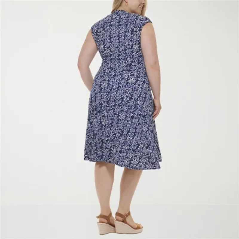 Jessica Howard Womens Plus Short Sleeve Floral Midi Fit + Flare Dress