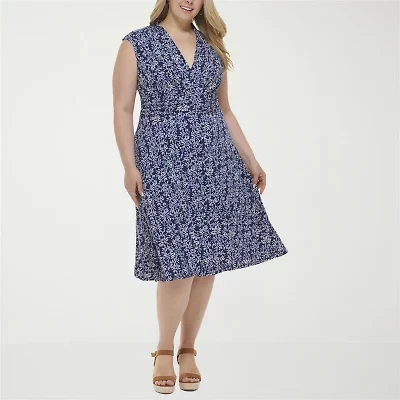 Jessica Howard Womens Plus Short Sleeve Floral Midi Fit + Flare Dress