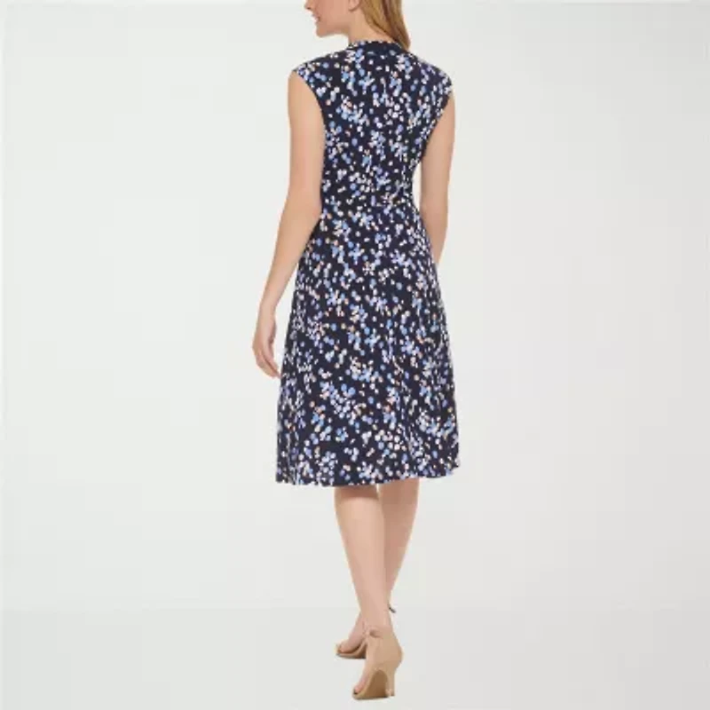 Jessica Howard Womens Petite Short Sleeve Floral Midi Fit + Flare Dress