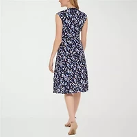 Jessica Howard Womens Petite Short Sleeve Floral Midi Fit + Flare Dress
