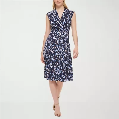 Jessica Howard Womens Petite Short Sleeve Floral Midi Fit + Flare Dress