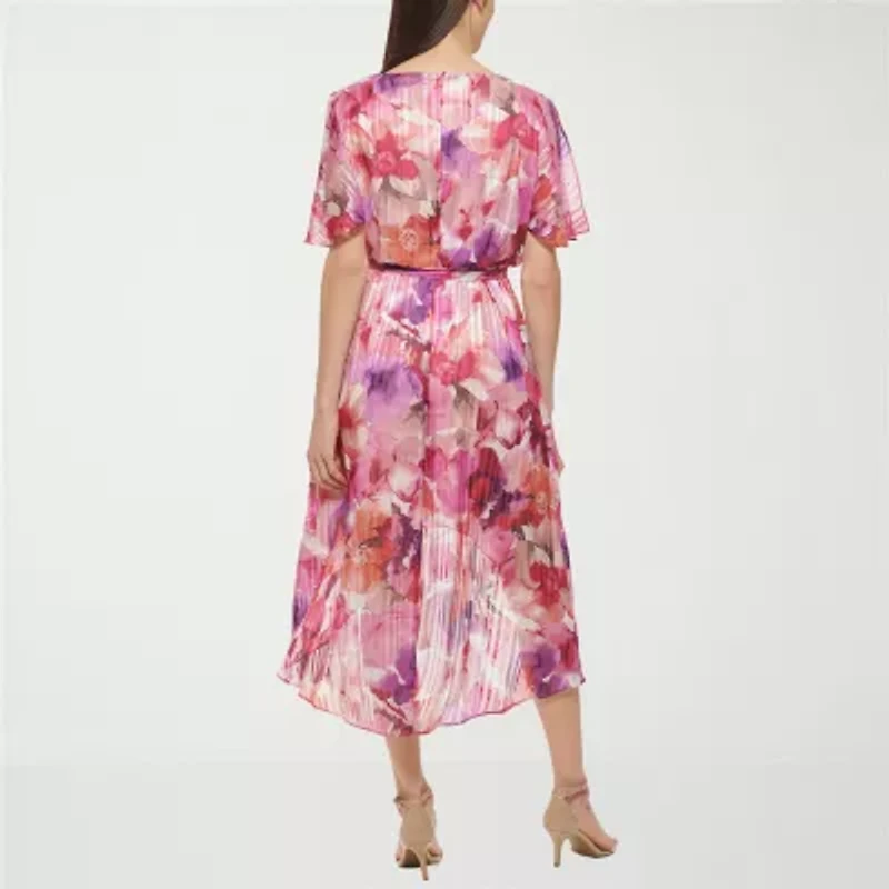 Jessica Howard Womens Petite Short Sleeve Floral High-Low Fit + Flare Dress