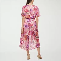 Jessica Howard Womens Petite Short Sleeve Floral High-Low Fit + Flare Dress