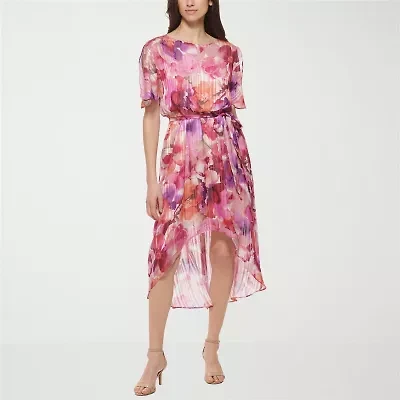 Jessica Howard Womens Petite Short Sleeve Floral High-Low Fit + Flare Dress