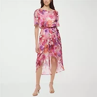 Jessica Howard Womens Petite Short Sleeve Floral High-Low Fit + Flare Dress