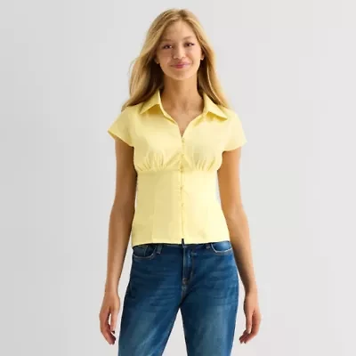 Arizona Womens Juniors Cap Short Sleeve Regular Fit Button-Down Shirt