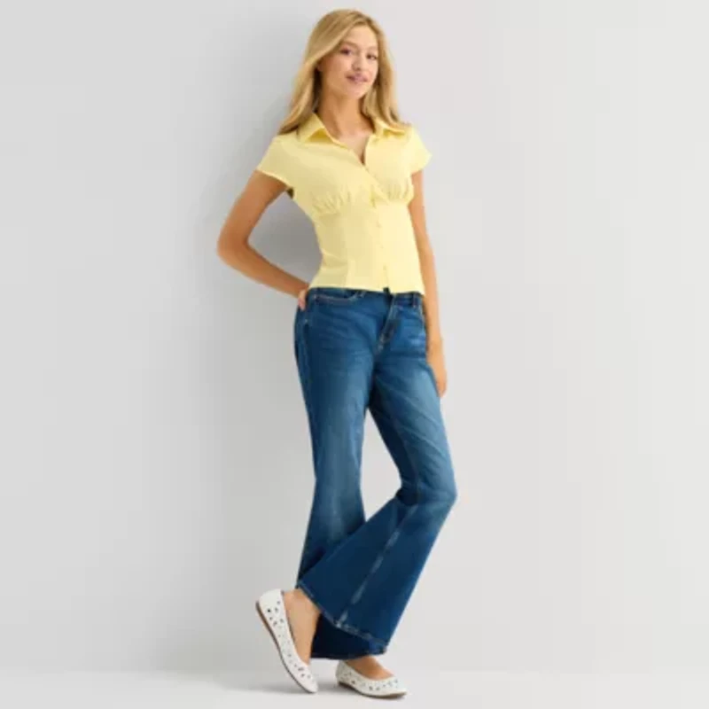 Arizona Womens Juniors Cap Short Sleeve Regular Fit Button-Down Shirt