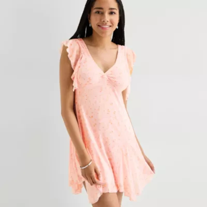 Arizona Womens Short Sleeve Juniors Floral Babydoll Dress