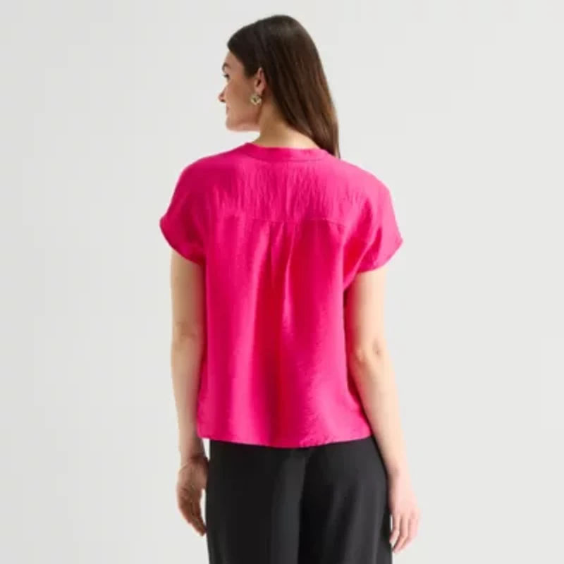 Worthington Womens Henley Neck Short Sleeve Blouse