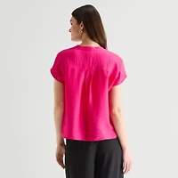 Worthington Womens Henley Neck Short Sleeve Blouse