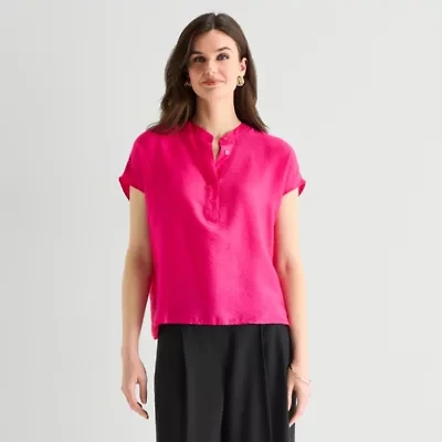 Worthington Womens Henley Neck Short Sleeve Blouse