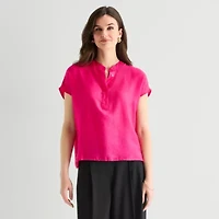 Worthington Womens Henley Neck Short Sleeve Blouse