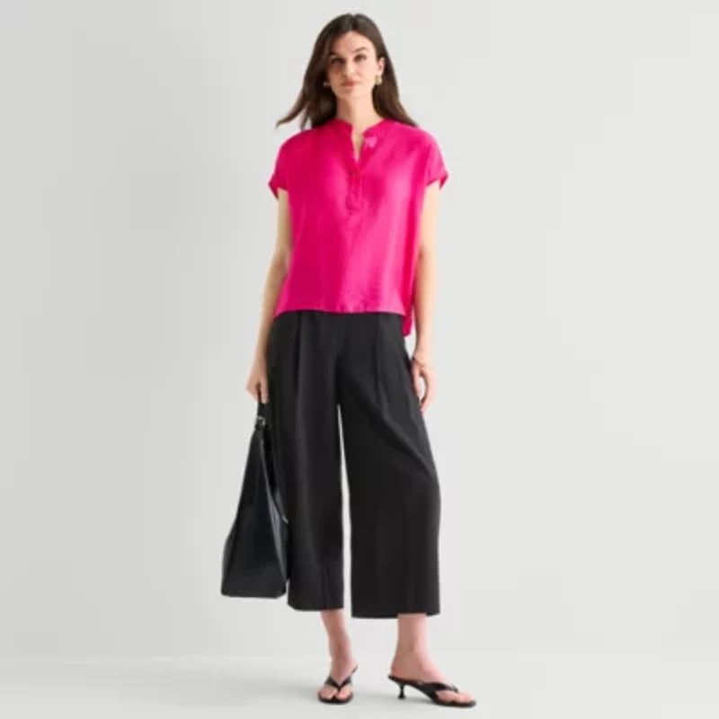 Worthington Womens Henley Neck Short Sleeve Blouse