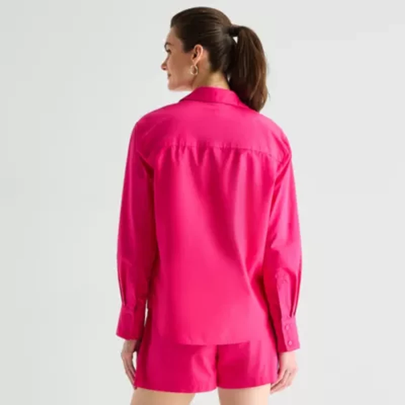 Worthington Womens Cuffed Long Sleeve Oversized Button-Down Shirt