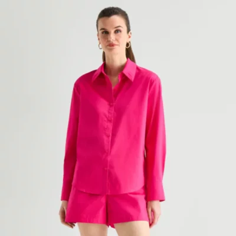 Worthington Womens Cuffed Long Sleeve Oversized Button-Down Shirt