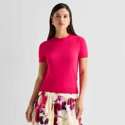 Worthington Womens Crew Neck Short Sleeve Pullover Sweater