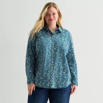 St. John's Bay Womens Plus Cuffed Long Sleeve Regular Fit Button-Down Shirt