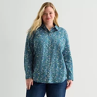 St. John's Bay Womens Plus Cuffed Long Sleeve Regular Fit Button-Down Shirt