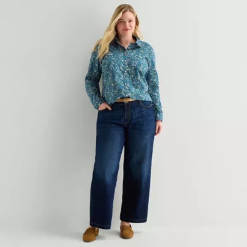 St. John's Bay Womens Plus Cuffed Long Sleeve Regular Fit Button-Down Shirt
