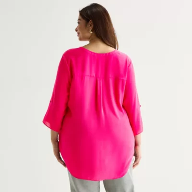 Worthington Womens Plus Split Crew Neck 3/4 Sleeve Blouse