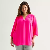 Worthington Womens Plus Split Crew Neck 3/4 Sleeve Blouse