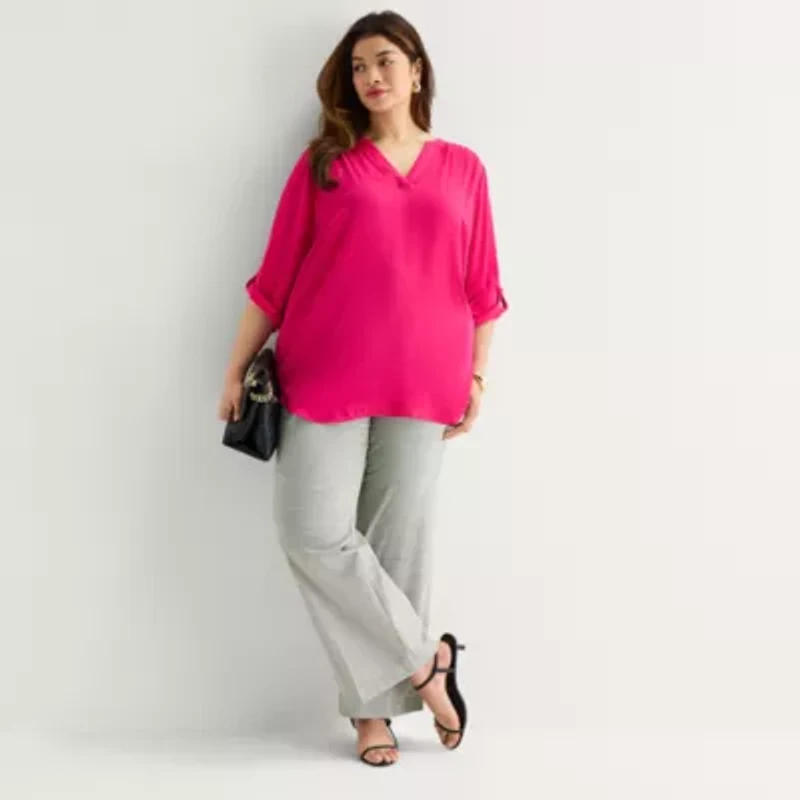 Worthington Womens Plus Split Crew Neck 3/4 Sleeve Blouse