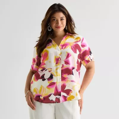 Worthington Womens Plus Cuffed Long Sleeve Slim Fit Button-Down Shirt