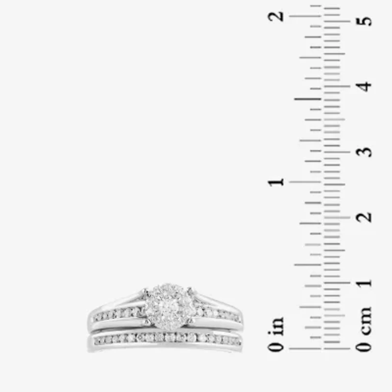 Womens 1/2 CT. T.W. Lab Grown White Diamond 10K Gold Round Side Stone Halo Bridal Set