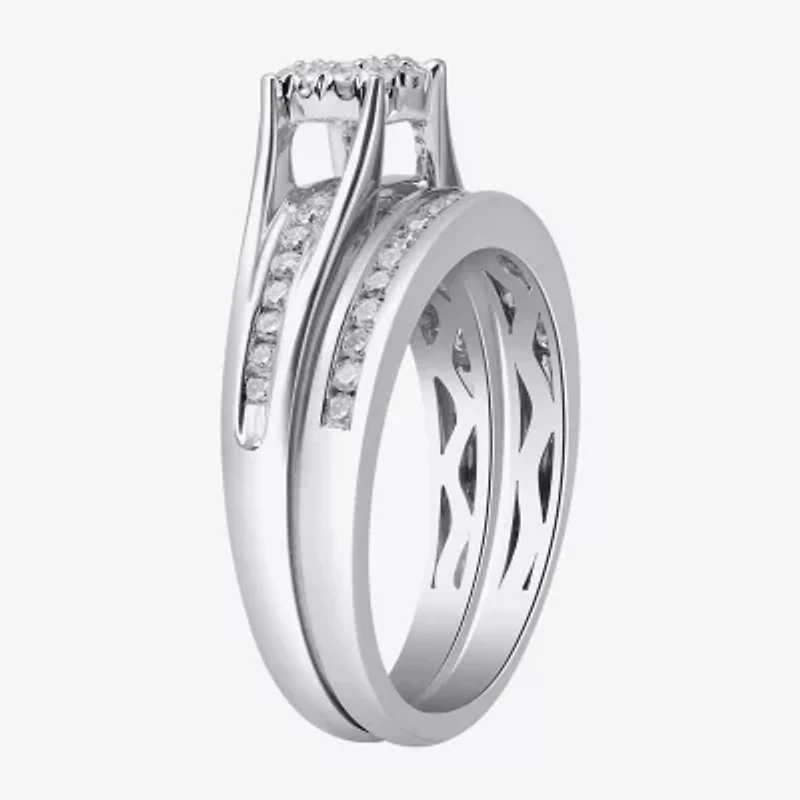 Womens 1/2 CT. T.W. Lab Grown White Diamond 10K Gold Round Side Stone Halo Bridal Set