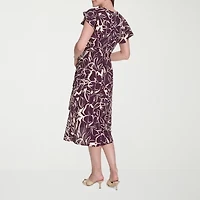 Marc New York Womens Short Sleeve Floral Midi Fit + Flare Dress