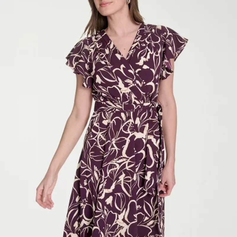 Marc New York Womens Short Sleeve Floral Midi Fit + Flare Dress