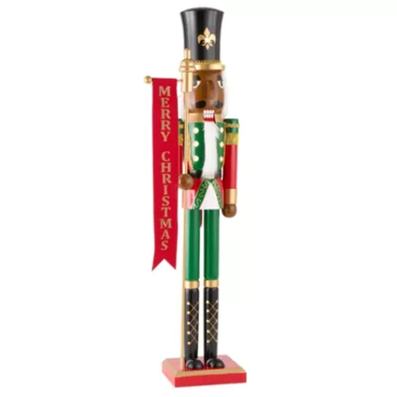 North Pole Trading Co. 36in Merry Christmas Banner African American Wood Christmas Nutcracker