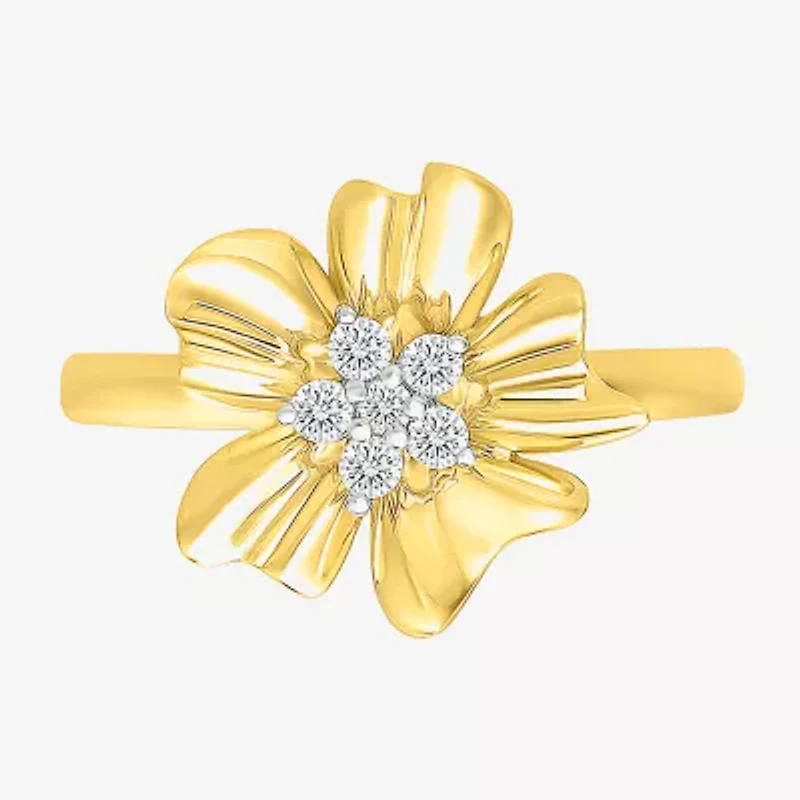 Womens 1/8 CT. T.W. Natural White Diamond 10K Gold Flower Cocktail Ring