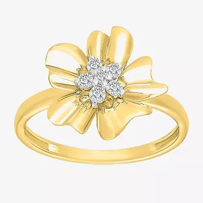 Womens 1/8 CT. T.W. Natural White Diamond 10K Gold Flower Cocktail Ring