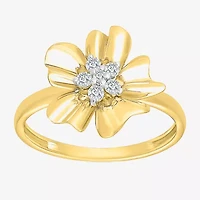 Womens 1/8 CT. T.W. Natural White Diamond 10K Gold Flower Cocktail Ring