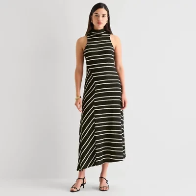 Worthington Womens Sleeveless Striped Midi Sweater Dress