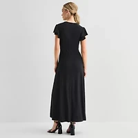 MSK Womens V Neck Short Sleeve Flutter Maxi Dress