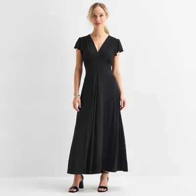 MSK Womens V Neck Short Sleeve Flutter Maxi Dress