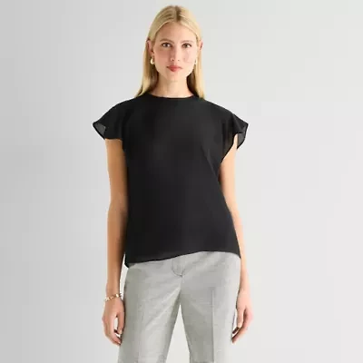 Worthington Womens Petite Crew Neck Short Sleeve Blouse