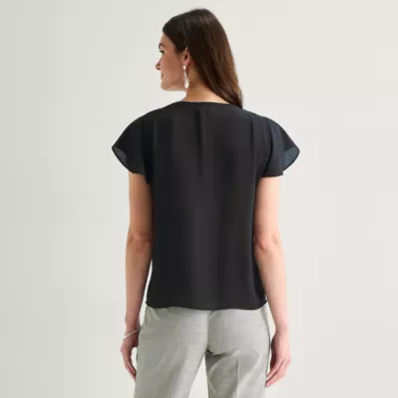 Worthington Womens Petite V Neck Short Sleeve Blouse