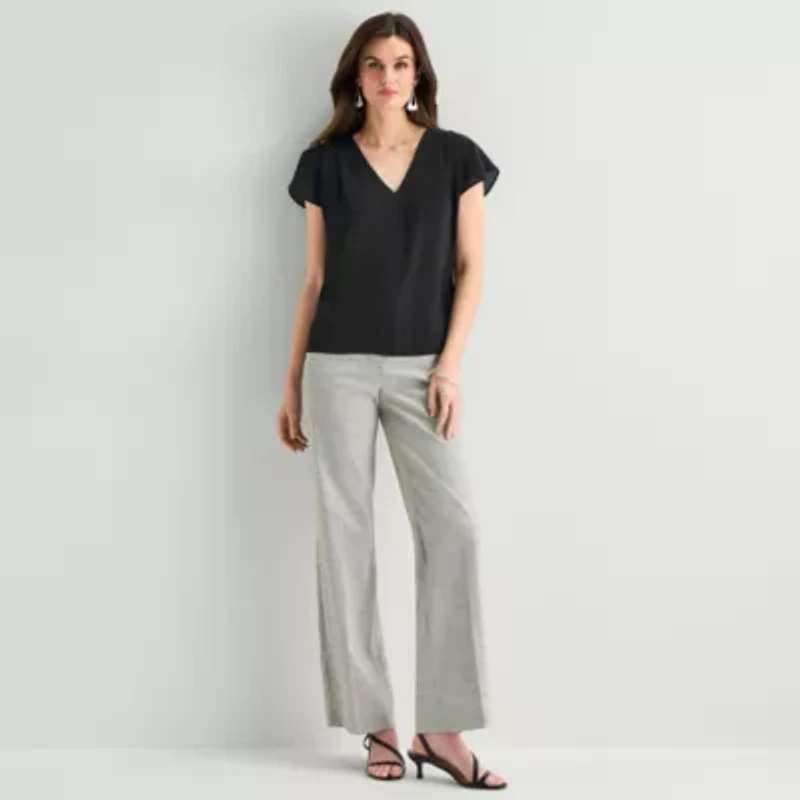 Worthington Womens Petite V Neck Short Sleeve Blouse