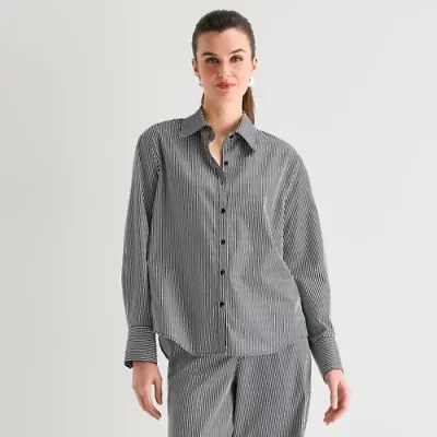 Worthington Womens Cuffed Long Sleeve Oversized Button-Down Shirt