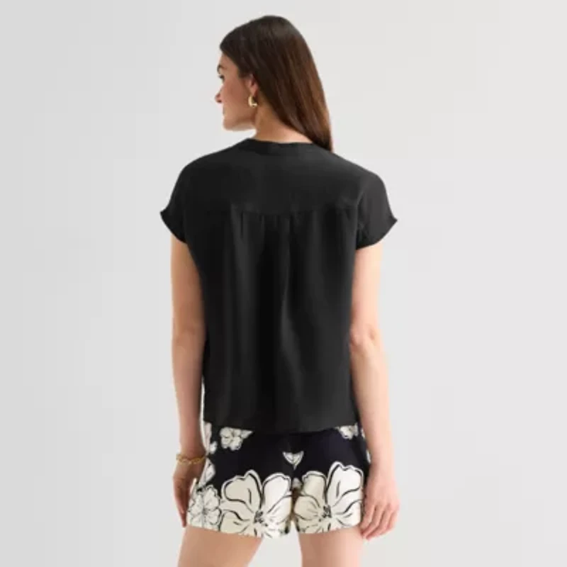 Worthington Womens Henley Neck Short Sleeve Blouse