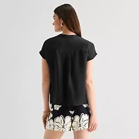 Worthington Womens Henley Neck Short Sleeve Blouse