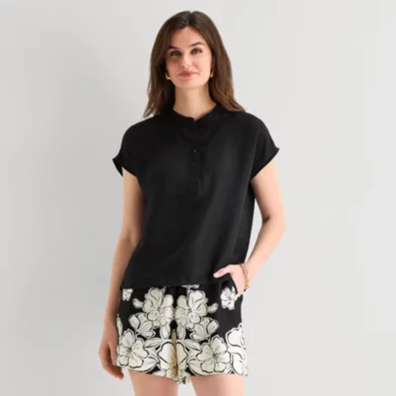 Worthington Womens Henley Neck Short Sleeve Blouse