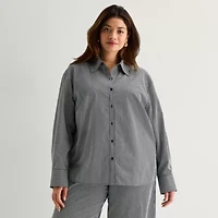 Worthington Womens Plus Cuffed Long Sleeve Oversized Button-Down Shirt