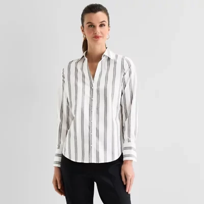 Worthington Womens Cuffed Long Sleeve Regular Fit Poplin Button-Down Shirt