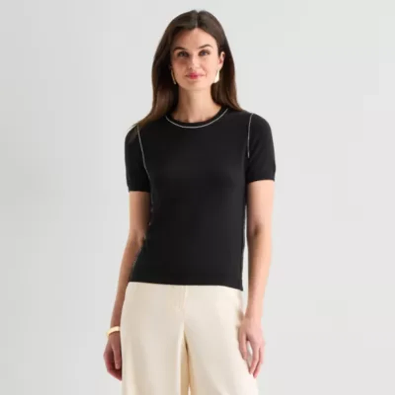 Worthington Womens Crew Neck Short Sleeve Pullover Sweater