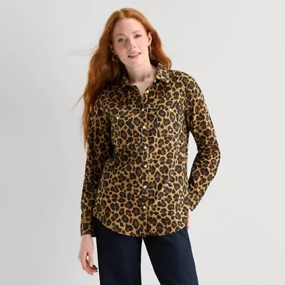 St. John's Bay Womens Cuffed Long Sleeve Regular Fit Button-Down Shirt