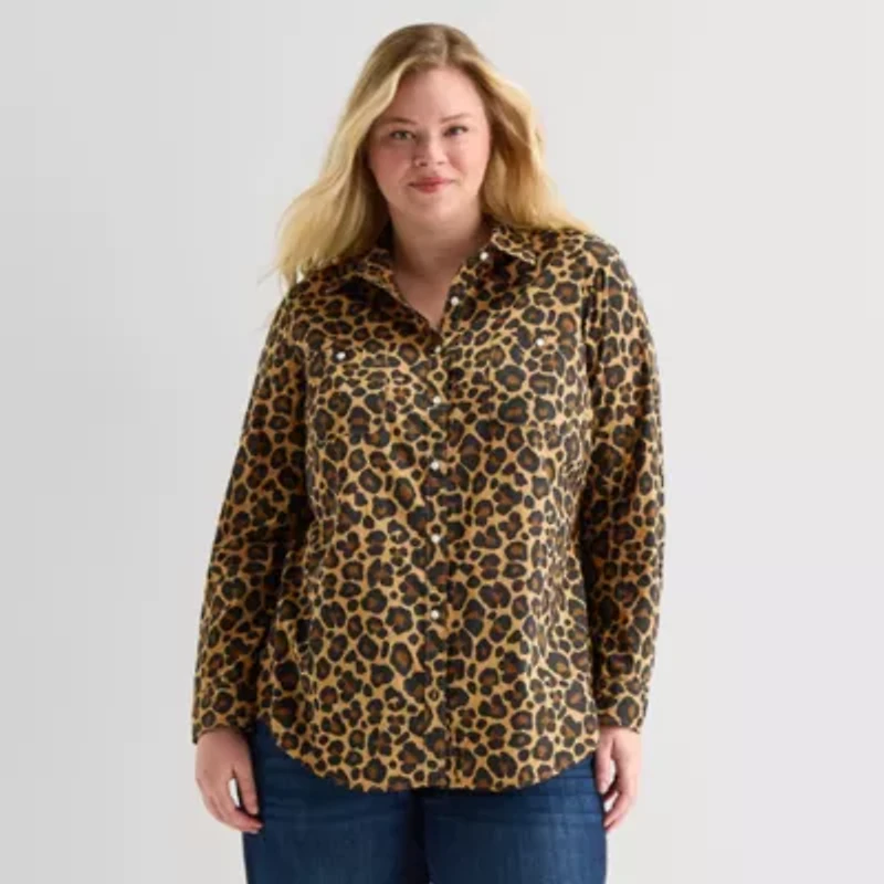 St. John's Bay Womens Plus Cuffed Long Sleeve Regular Fit Button-Down Shirt